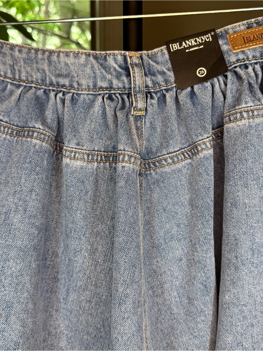 Blank NYC Light Wash Denim Pleated Gathered Waistband Mini Skirt - Picture 6 of 7